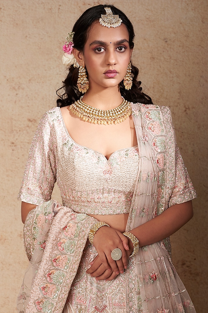 Blush Pink Embroidered Bridal Lehenga Set by Kalighata at Pernia's Pop Up Shop