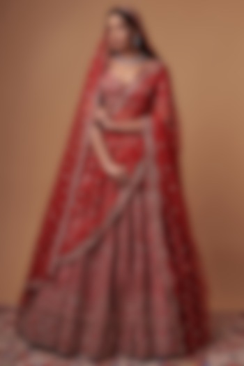 Red Raw Silk Embroidered Lehenga Set  by Kalighata