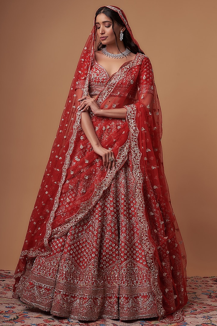 Red Raw Silk Embroidered Lehenga Set  by Kalighata