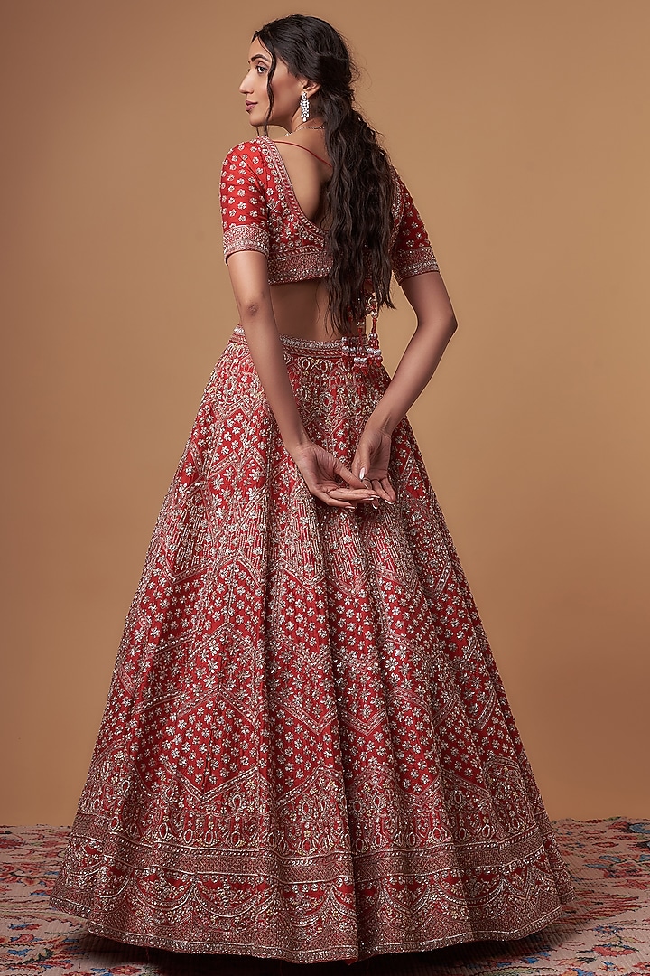 Red Raw Silk Embroidered Bridal Lehenga Set by Kalighata at Pernia's Pop Up Shop