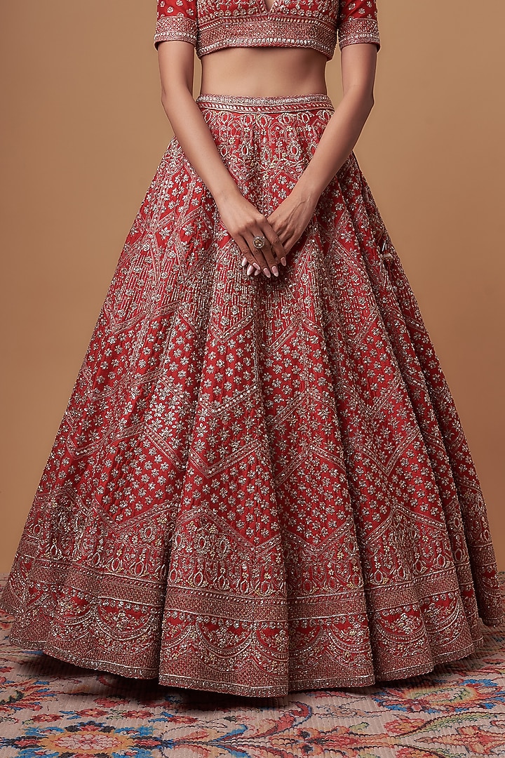 Red Raw Silk Embroidered Bridal Lehenga Set by Kalighata at Pernia's Pop Up Shop