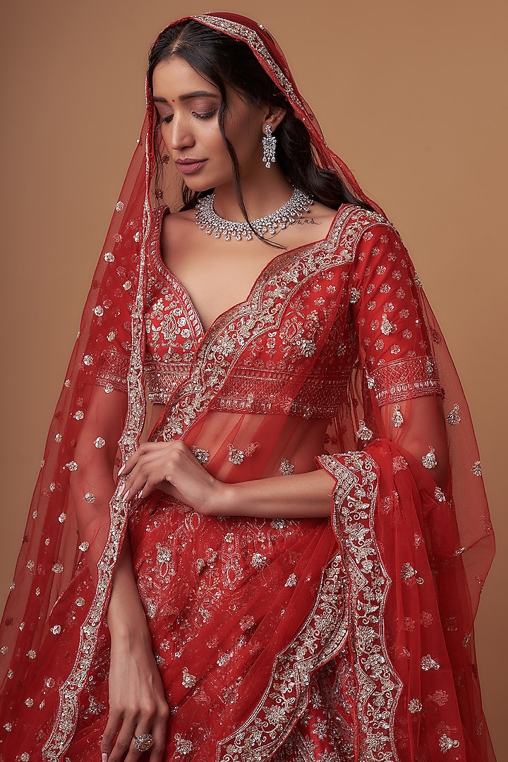 Red Raw Silk Embroidered Bridal Lehenga Set by Kalighata at Pernia's Pop Up Shop