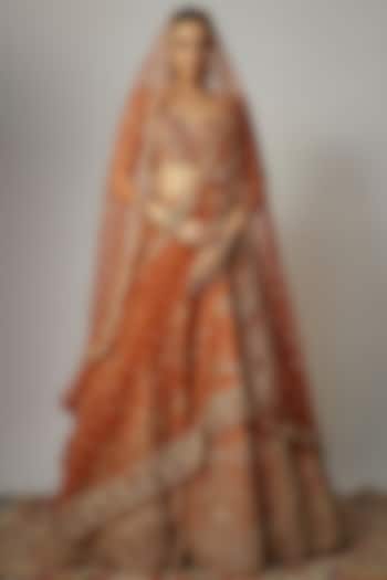 Rust Raw Silk Zardosi Embellished Bridal Lehenga Set by Kalighata at Pernia's Pop Up Shop