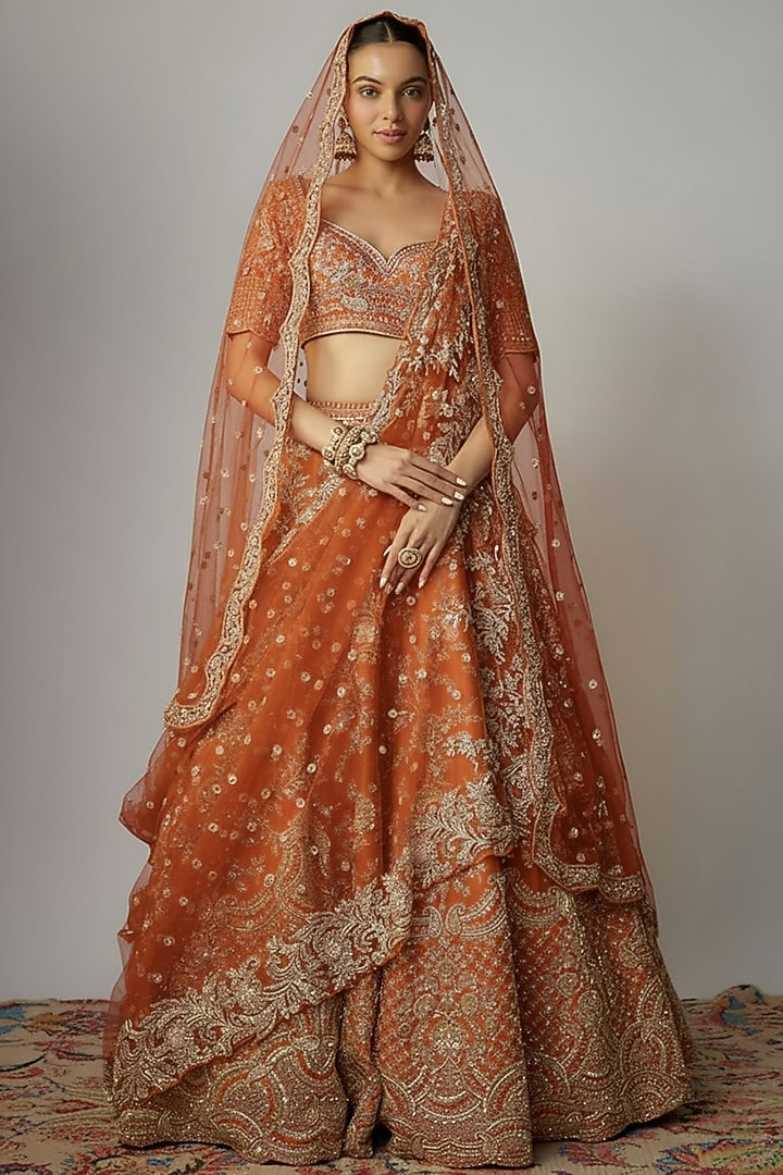 Rust Raw Silk Zardosi Embellished Bridal Lehenga Set by Kalighata at Pernia's Pop Up Shop