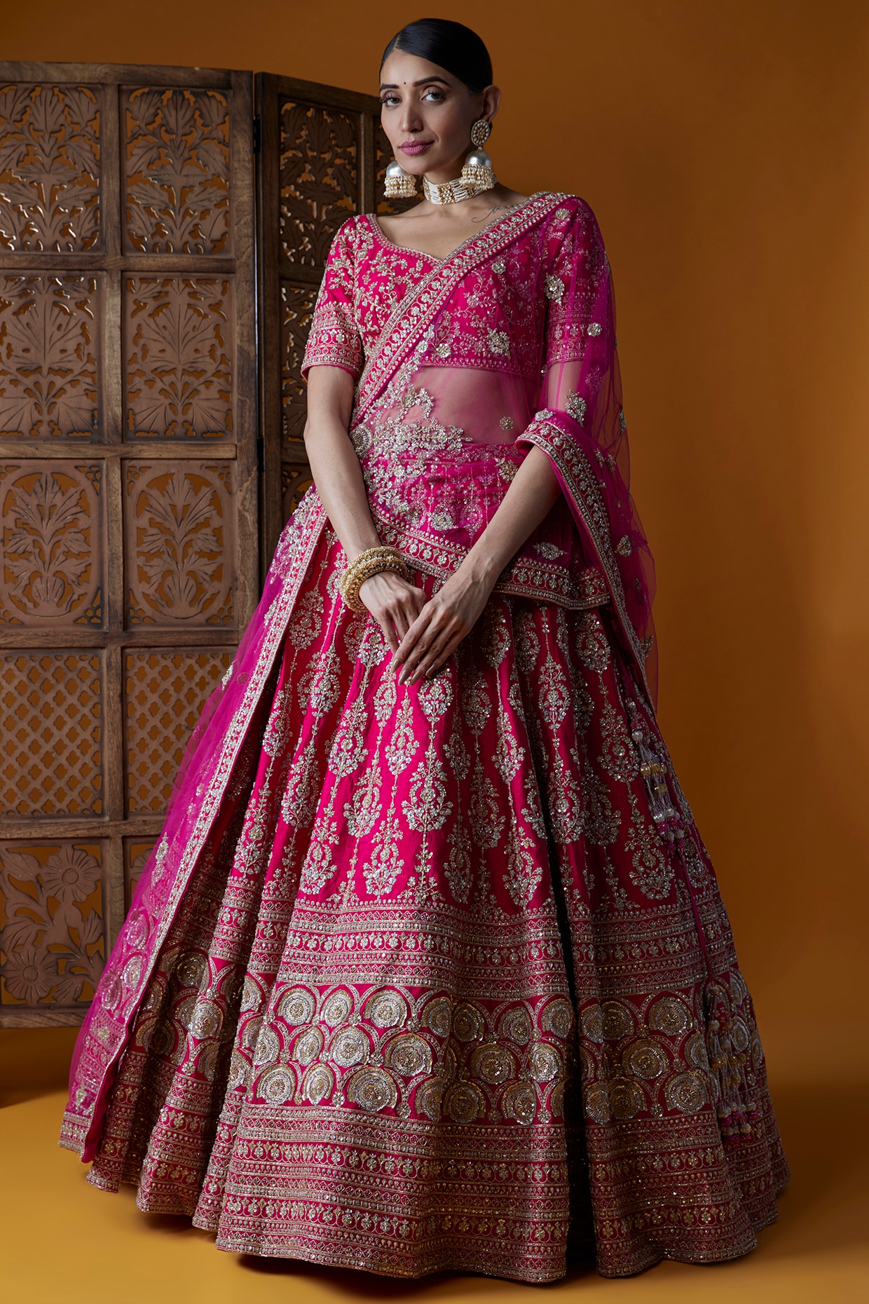 Rani Pink Banaras, Mirror, Stone and Zardozi work with Bandini Print L –  Seasons Chennai