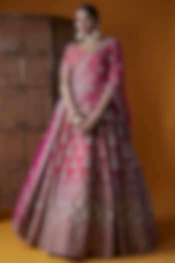 Rani Pink Raw Silk Embellished Bridal Lehenga Set by Kalighata at Pernia's Pop Up Shop