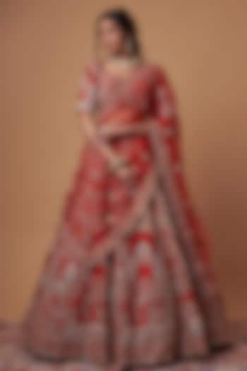 Red Raw Silk Embroidered Bridal Lehenga Set by Kalighata at Pernia's Pop Up Shop