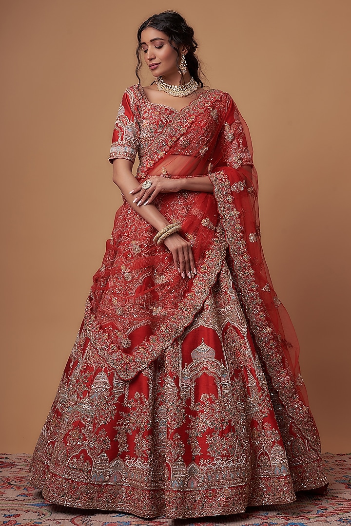 Red Raw Silk Embroidered Bridal Lehenga Set by Kalighata at Pernia's Pop Up Shop
