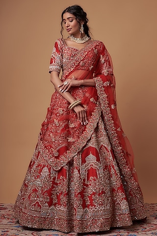 Red Raw Silk Embroidered Lehenga Set by Kalighata
