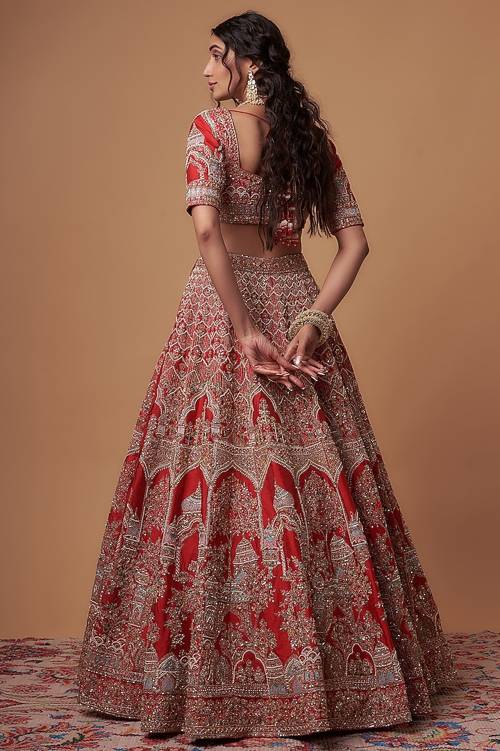 Red Raw Silk Embroidered Bridal Lehenga Set by Kalighata at Pernia's Pop Up Shop