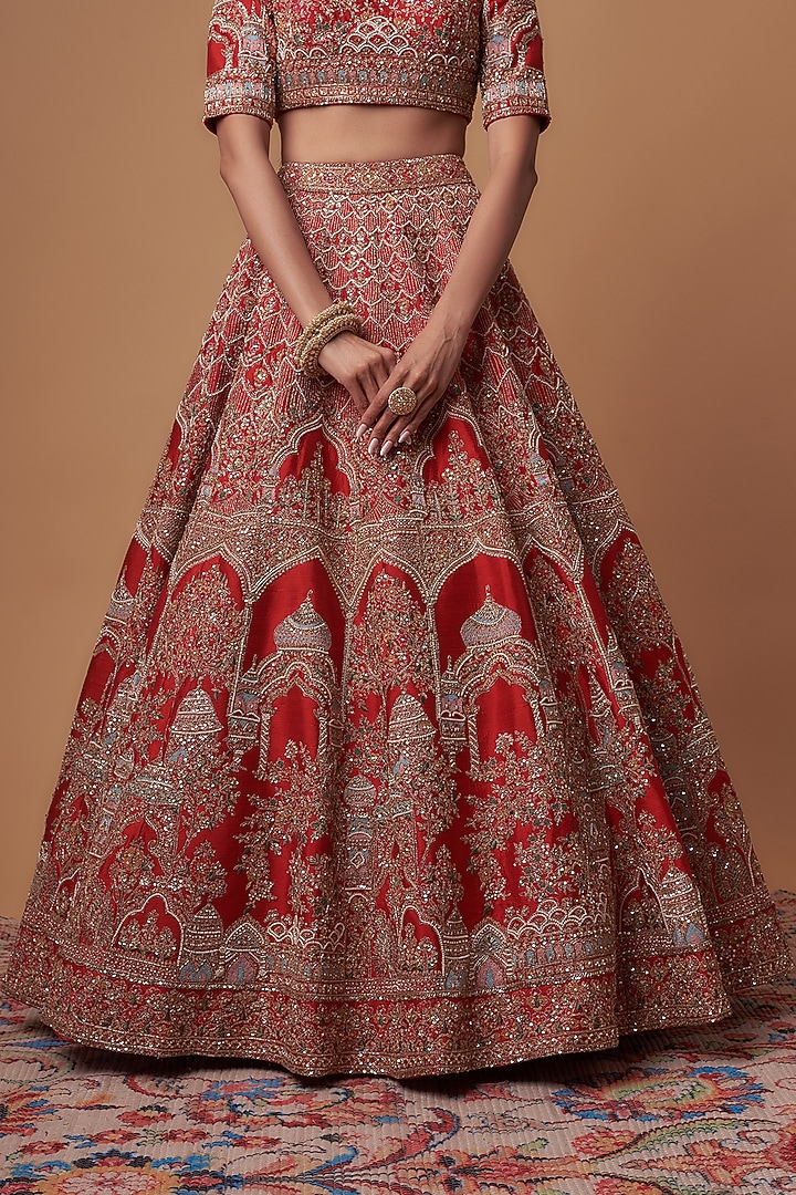 Red Raw Silk Embroidered Bridal Lehenga Set by Kalighata at Pernia's Pop Up Shop