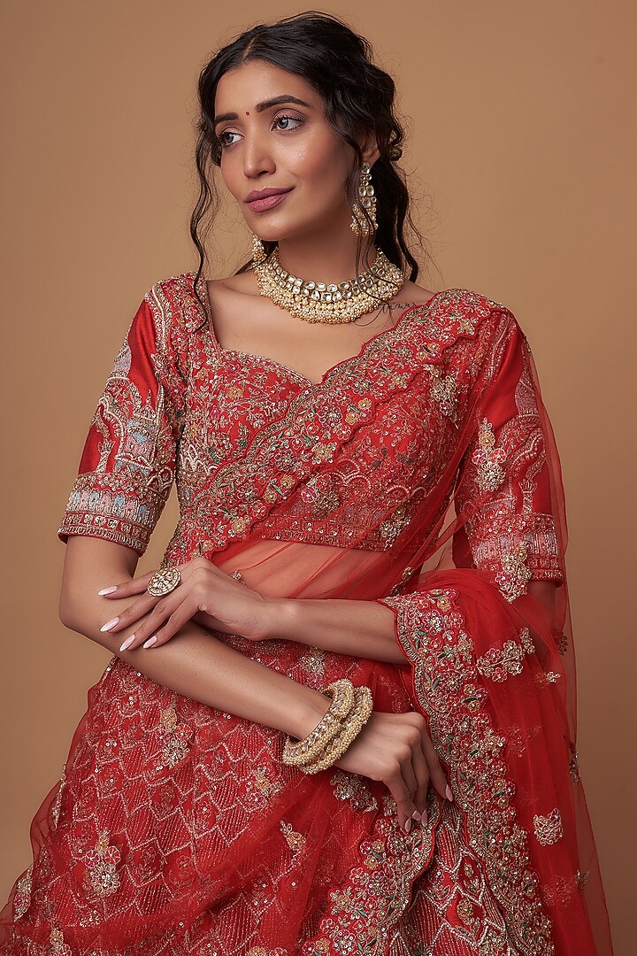 Red Raw Silk Embroidered Bridal Lehenga Set by Kalighata at Pernia's Pop Up Shop