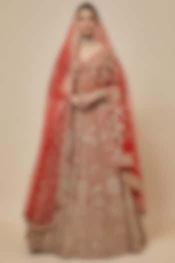 Red Raw Silk Zardosi Hand Embroidered Bridal Lehenga Set by Kalighata at Pernia's Pop Up Shop