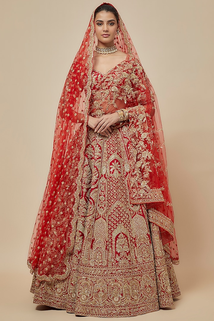 Red Raw Silk Zardosi Hand Embroidered Bridal Lehenga Set by Kalighata at Pernia's Pop Up Shop