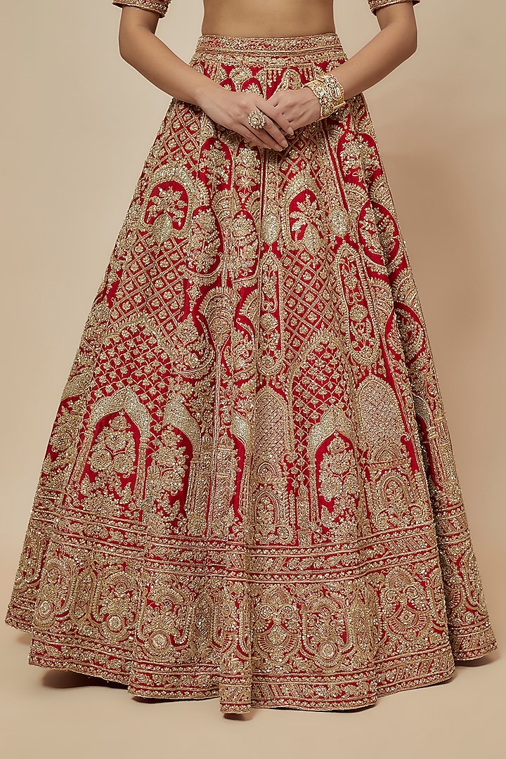 Red Raw Silk Zardosi Hand Embroidered Bridal Lehenga Set by Kalighata at Pernia's Pop Up Shop