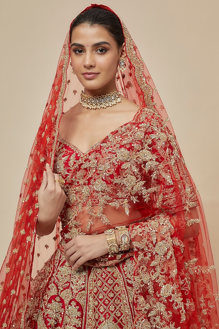 Red Raw Silk Zardosi Hand Embroidered Bridal Lehenga Set by Kalighata at Pernia's Pop Up Shop
