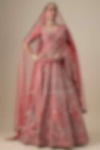Rani Pink Raw Silk Hand & Machine Embroidered Bridal Lehenga Set by Kalighata at Pernia's Pop Up Shop