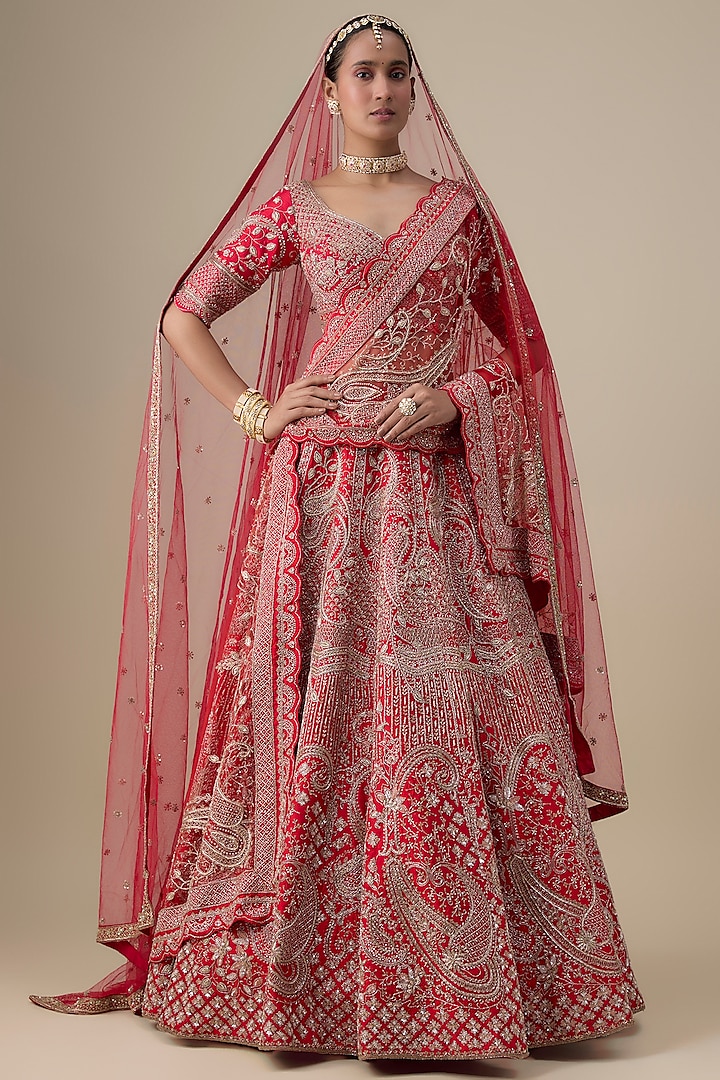 Rani Pink Raw Silk Hand & Machine Embroidered Bridal Lehenga Set by Kalighata at Pernia's Pop Up Shop