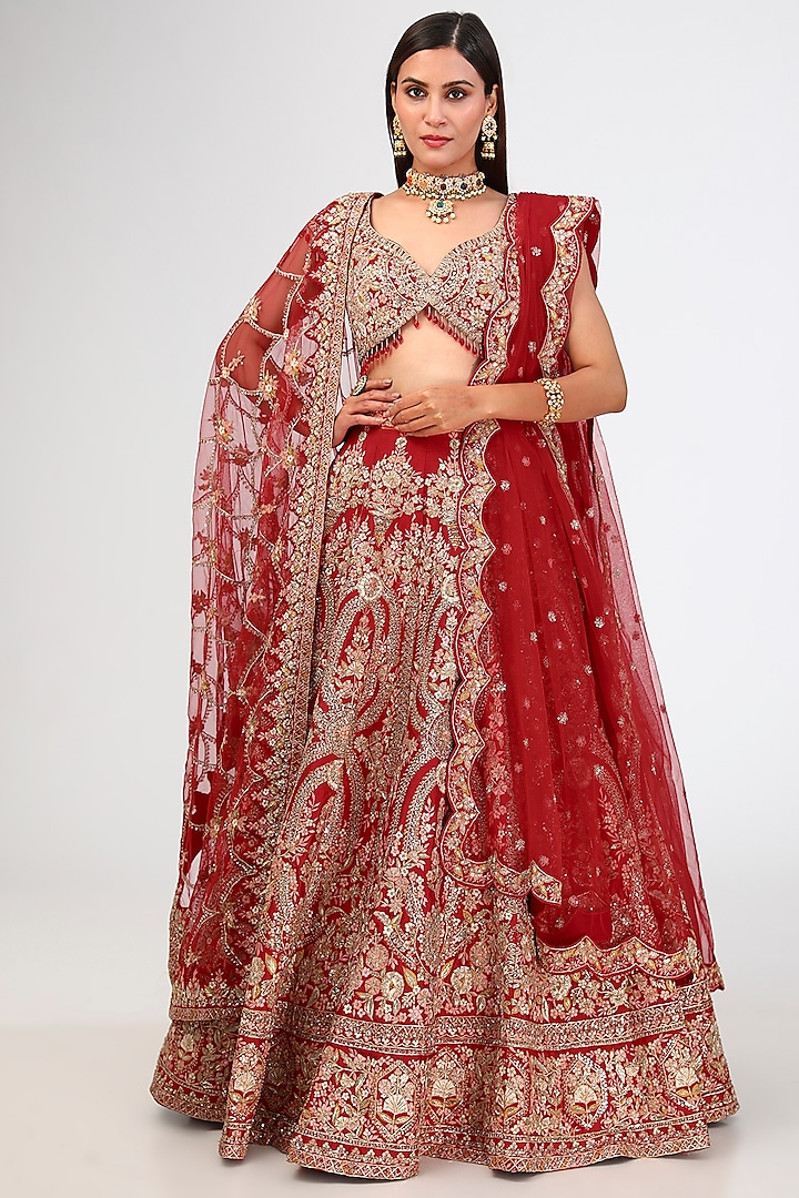 Red Raw Silk Zardosi Hand & Machine Embroidered Bridal Lehenga Set by Kalighata at Pernia's Pop Up Shop