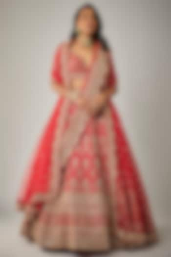 Red Raw Silk Zardosi Hand & Machine Embroidered Bridal Lehenga Set by Kalighata at Pernia's Pop Up Shop