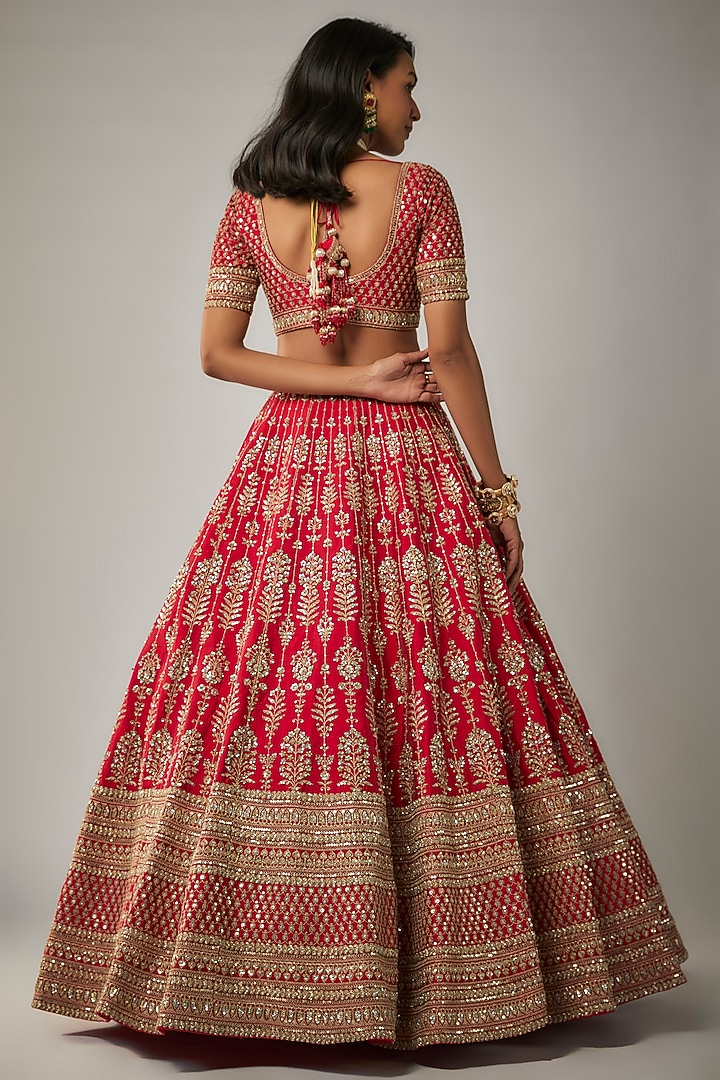 Red Raw Silk Zardosi Hand & Machine Embroidered Bridal Lehenga Set by Kalighata at Pernia's Pop Up Shop