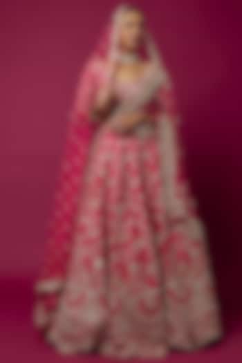 Rani Pink Raw Silk Hand & Machine Embroidered Bridal lehenga for 22 Lehenga Set by Kalighata at Pernia's Pop Up Shop