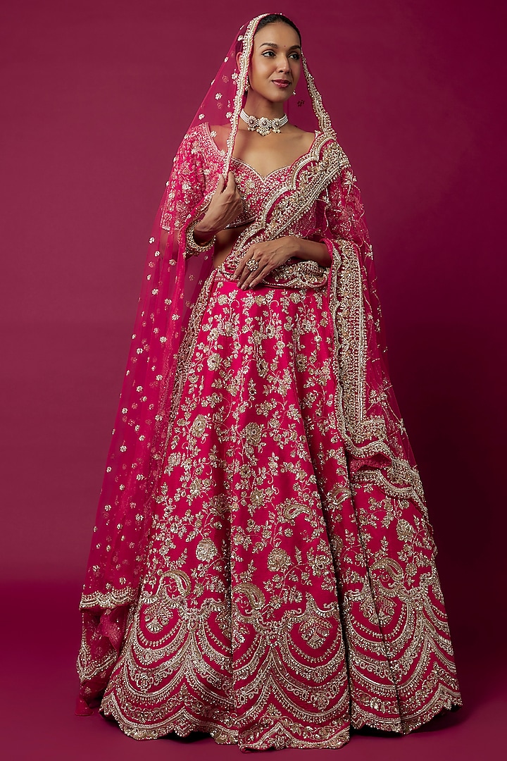 Rani Pink Raw Silk Hand & Machine Embroidered Bridal lehenga for 22 Lehenga Set by Kalighata at Pernia's Pop Up Shop