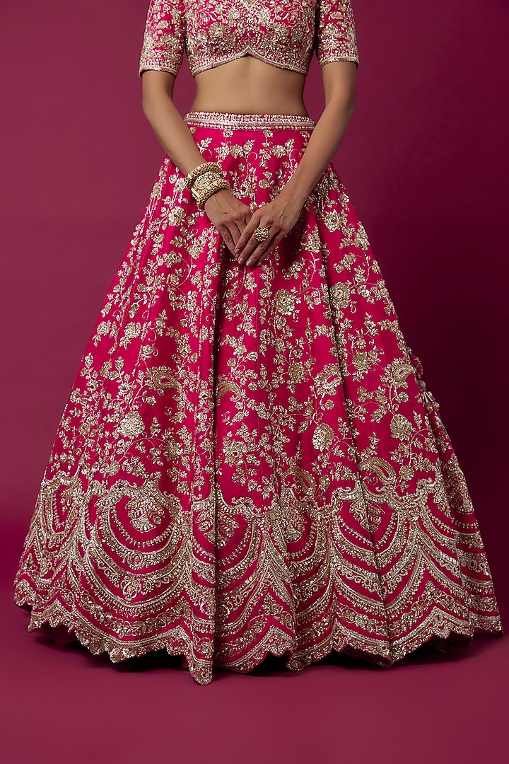 Rani Pink Raw Silk Hand & Machine Embroidered Bridal Lehenga Set by Kalighata at Pernia's Pop Up Shop