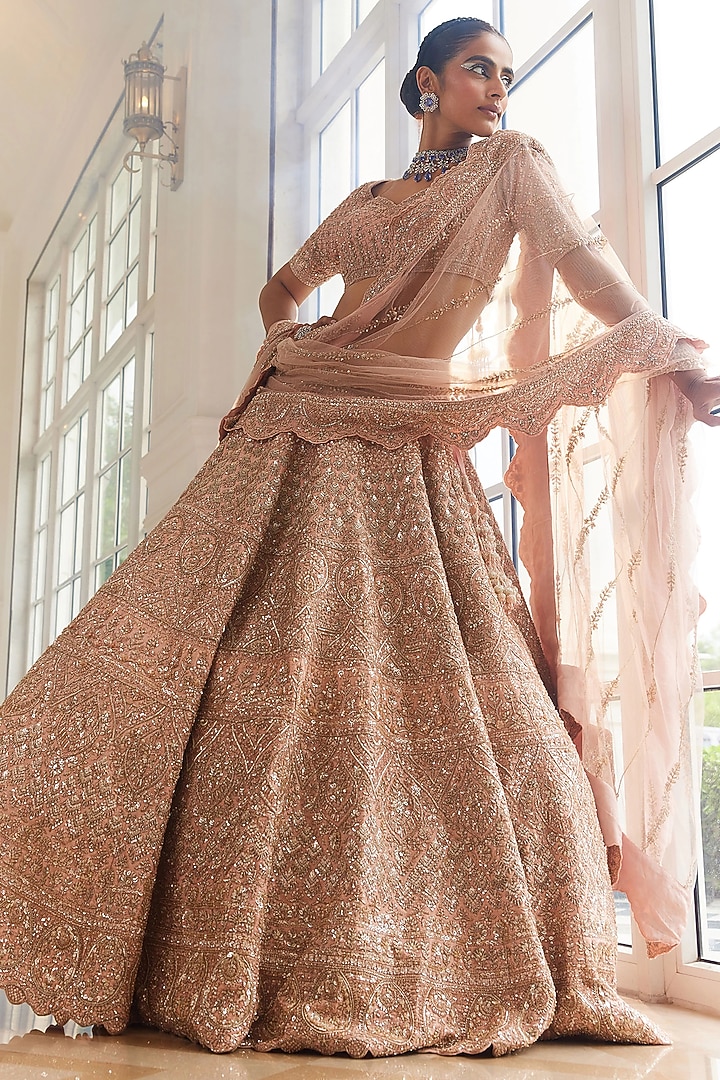 Pink Raw Silk Sequins Embroidered Bridal Lehenga Set by Kalighata at Pernia's Pop Up Shop