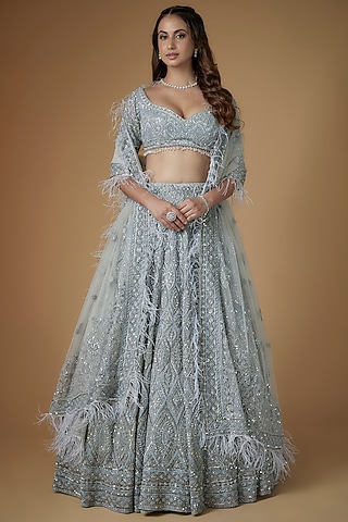 Grey Net Hand Embroidered Lehenga Set by Kalighata