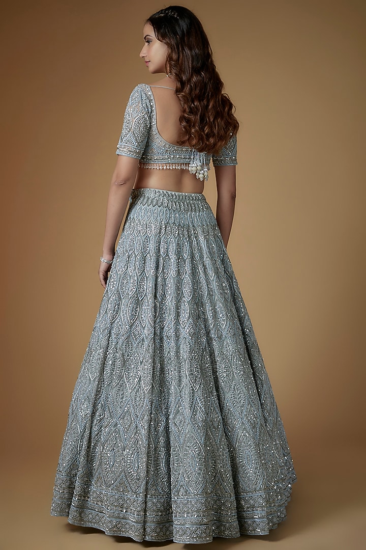 Grey Net Hand Embroidered Bridal Lehenga Set by Kalighata at Pernia's Pop Up Shop