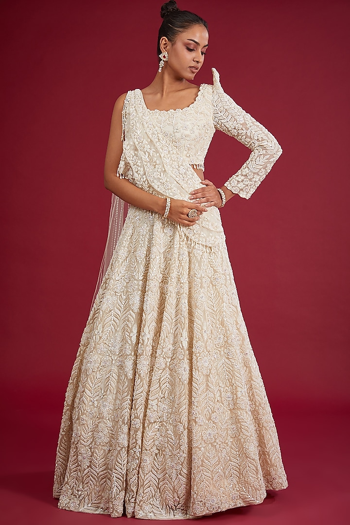 Ivory Organza Zardosi Embroidered Bridal Lehenga Set by Kalighata at Pernia's Pop Up Shop