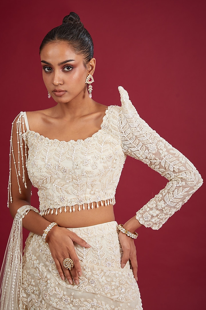 Ivory Organza Zardosi Embroidered Bridal Lehenga Set by Kalighata at Pernia's Pop Up Shop
