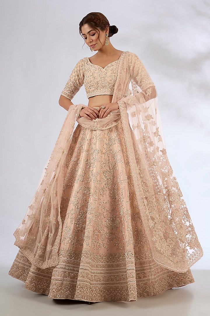 Pink Raw Silk Embroidered Bridal Lehenga Set by Kalighata at Pernia's Pop Up Shop