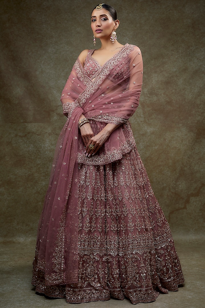 Purple Net Embroidered Bridal Lehenga Set by Kalighata at Pernia's Pop Up Shop