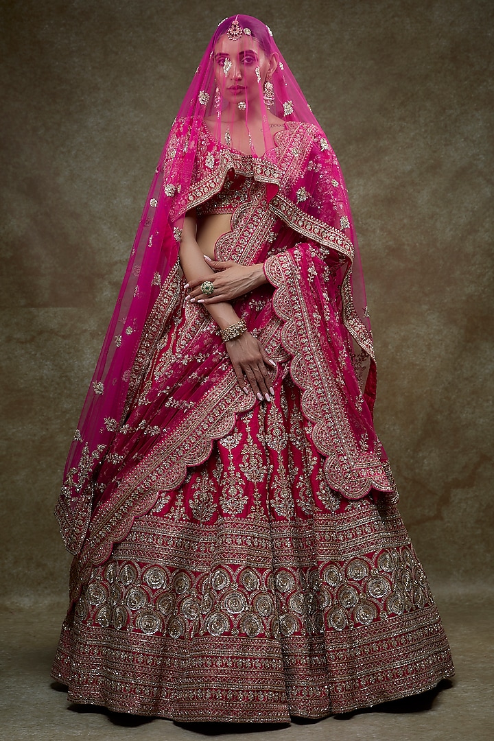 Pink Raw Silk Embroidered Lehenga Set  by Kalighata