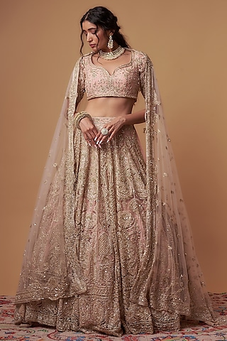Peach Organza Hand Embroidered Lehenga Set by Kalighata