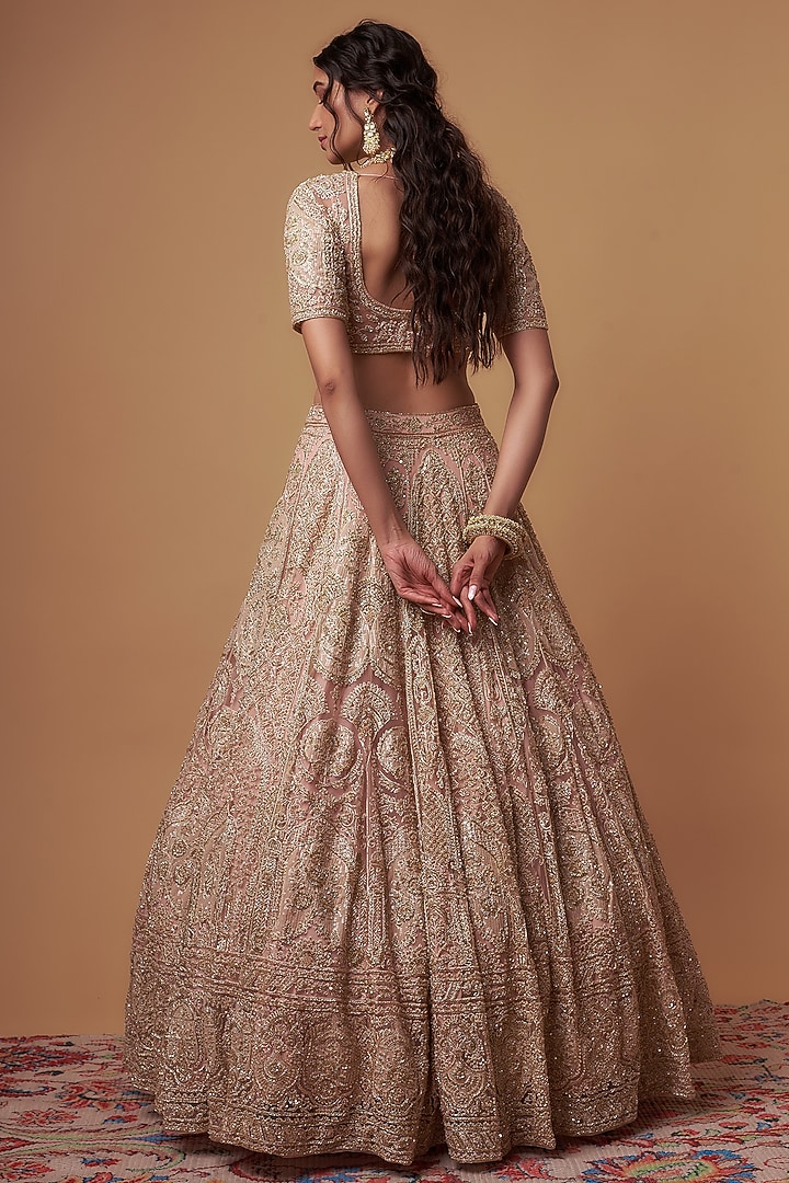 Peach Organza Hand Embroidered Bridal Lehenga Set by Kalighata at Pernia's Pop Up Shop