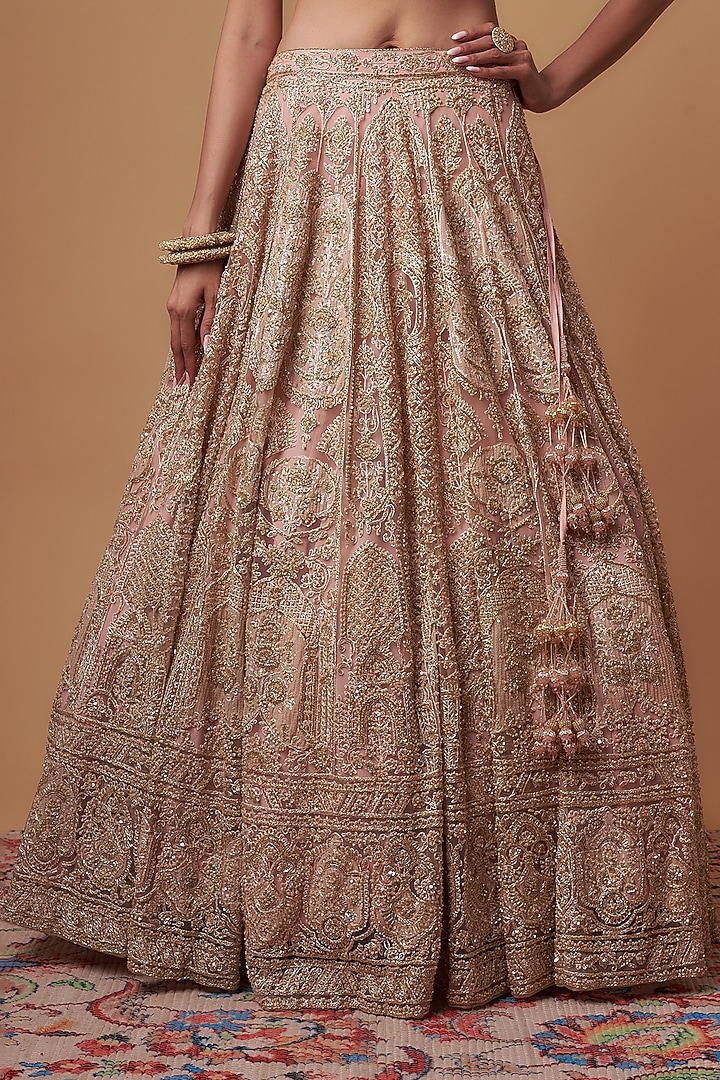 Peach Organza Hand Embroidered Bridal Lehenga Set by Kalighata at Pernia's Pop Up Shop