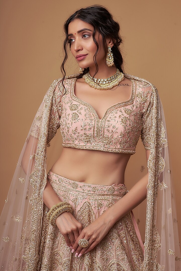 Peach Organza Hand Embroidered Bridal Lehenga Set by Kalighata at Pernia's Pop Up Shop