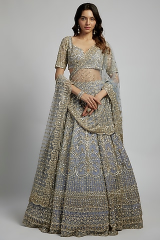 Firozi Raw Silk Sequins & Cutdana Embellished Lehenga Set by Kalighata