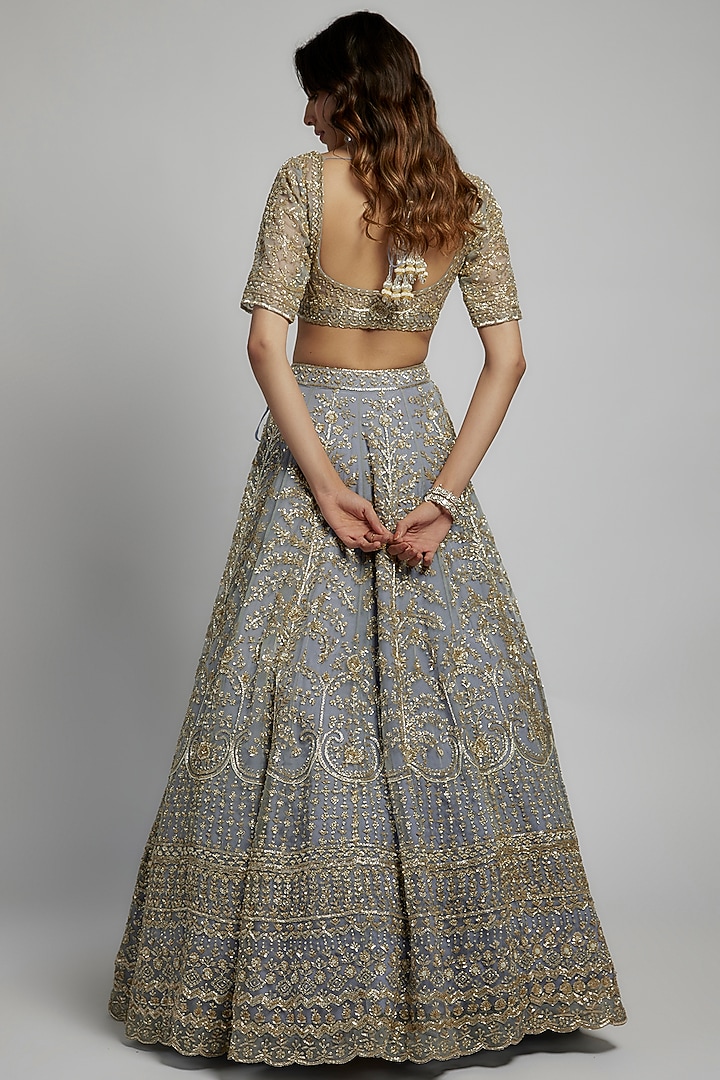 Firozi Raw Silk Sequins & Cutdana Embellished Bridal Lehenga Set by Kalighata at Pernia's Pop Up Shop