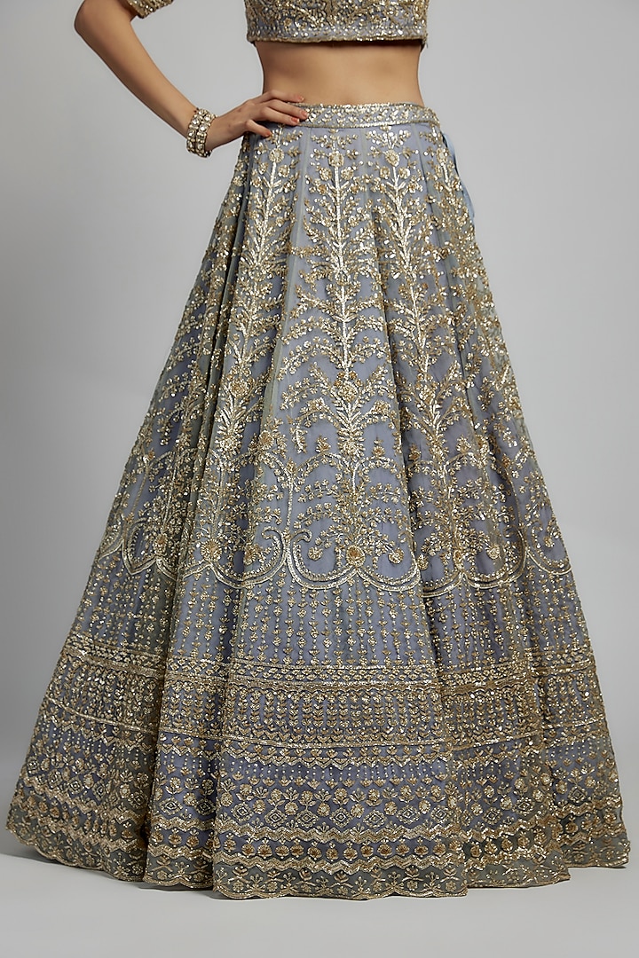 Firozi Raw Silk Sequins & Cutdana Embellished Bridal Lehenga Set by Kalighata at Pernia's Pop Up Shop