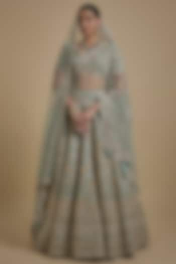 Mint Raw Silk Hand & Machine Embroidered Bridal Lehenga Set  by Kalighata at Pernia's Pop Up Shop