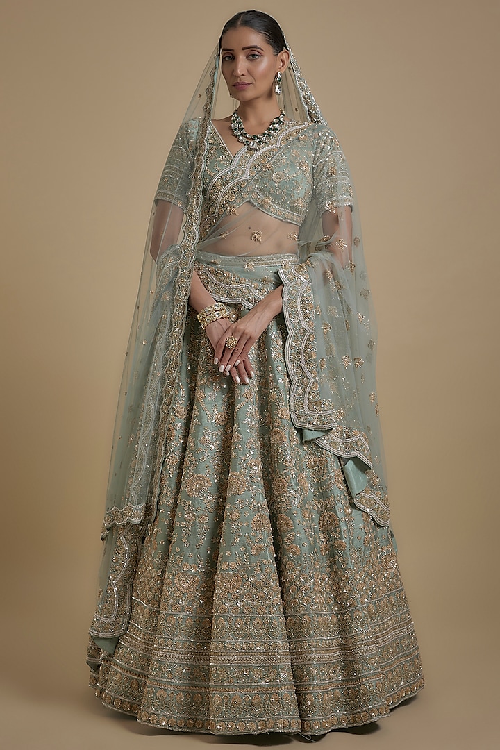 Mint Raw Silk Hand & Machine Embroidered Bridal Lehenga Set  by Kalighata at Pernia's Pop Up Shop