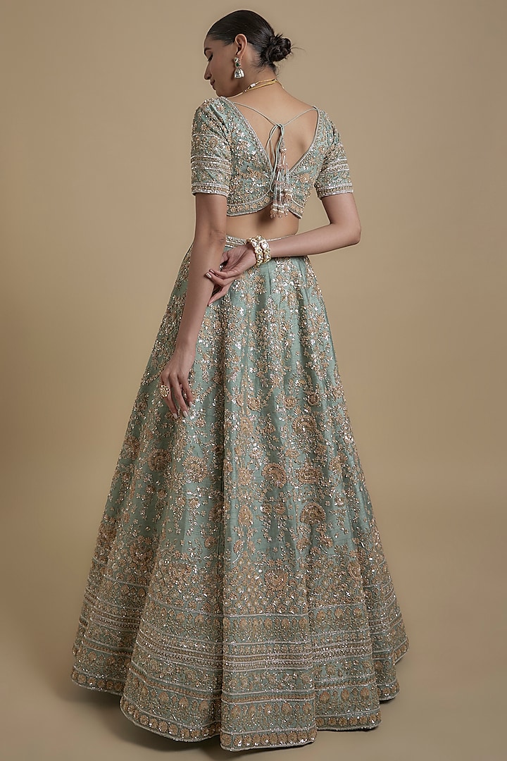 Mint Raw Silk Hand & Machine Embroidered Bridal Lehenga Set by Kalighata at Pernia's Pop Up Shop