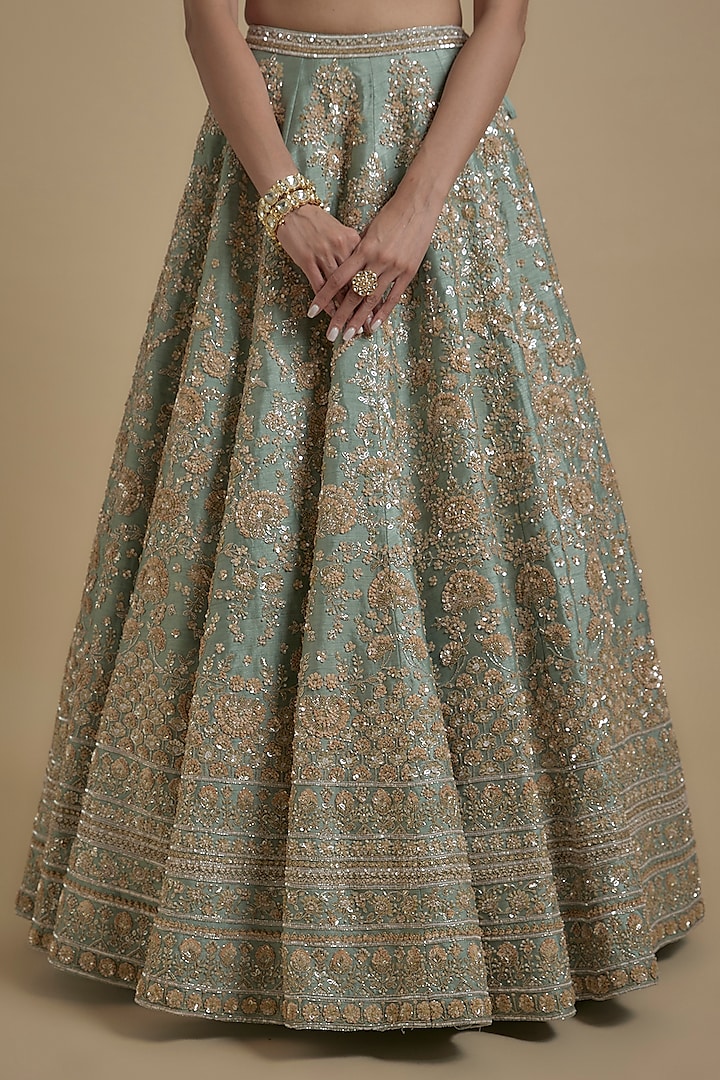 Mint Raw Silk Hand & Machine Embroidered Bridal Lehenga Set by Kalighata at Pernia's Pop Up Shop