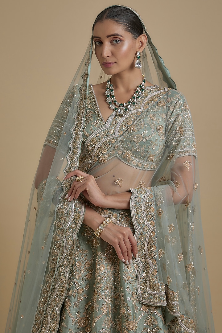Mint Raw Silk Hand & Machine Embroidered Bridal Lehenga Set by Kalighata at Pernia's Pop Up Shop