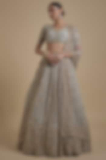 Grey Organza Hand & Machine Embroidered Bridal Lehenga Set by Kalighata at Pernia's Pop Up Shop