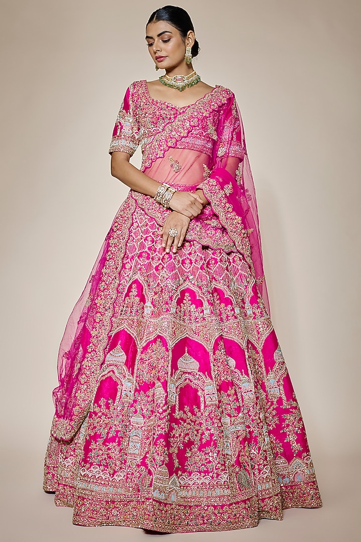 Women Rani Pink Real Chinon Silk Embroidered Lehenga Style Suit main image 1